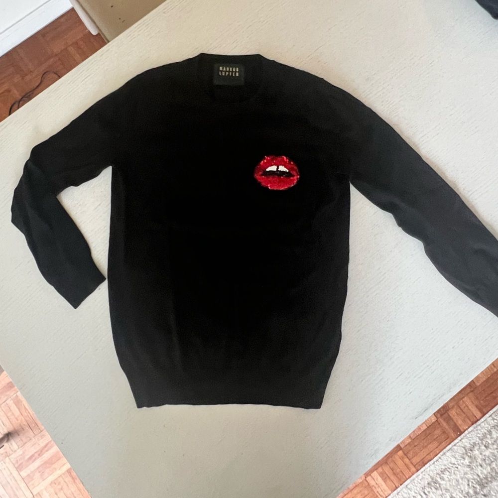 💋🎬White Lotus vibes! Limited Edition Sweater Black Merino Wool w Red Lip Sequin